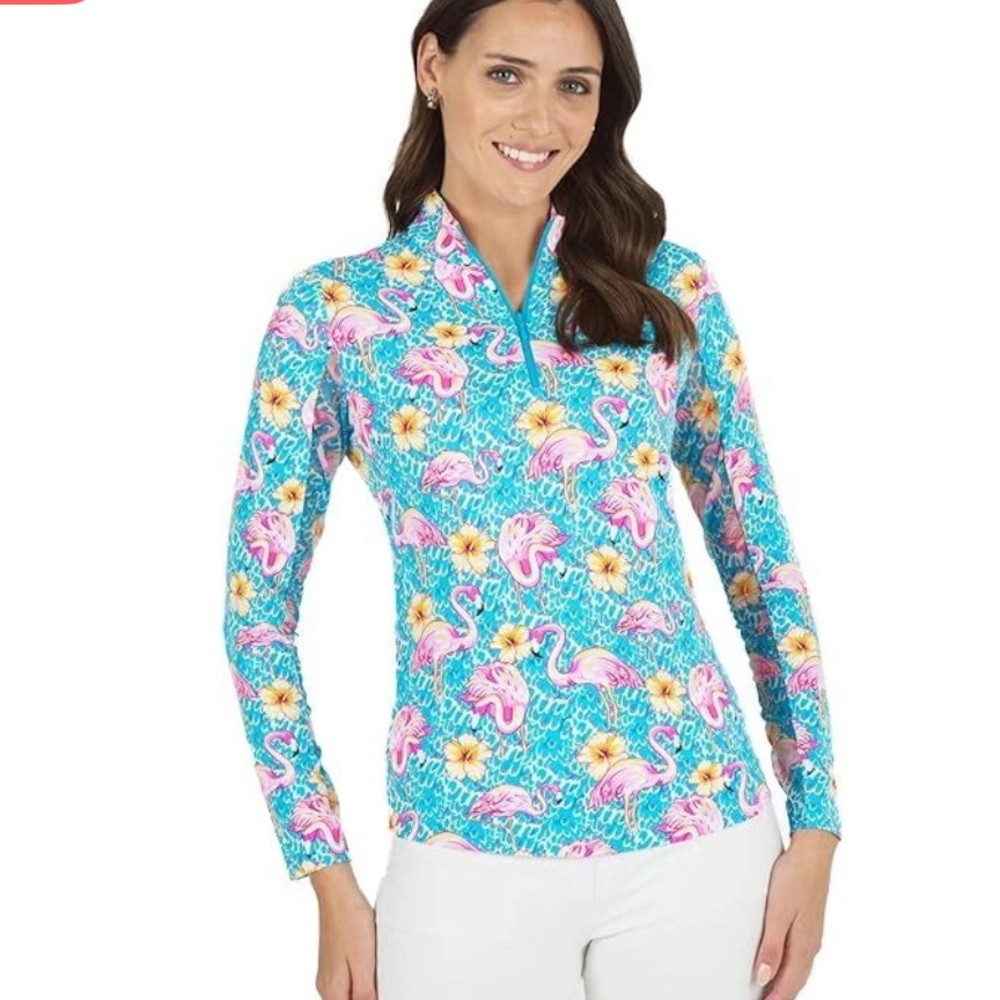 Ibkul‎ Turquoise Pink Flamingo Penny Mock Zipper Long Sleeve 50 SPF Top NWOT M